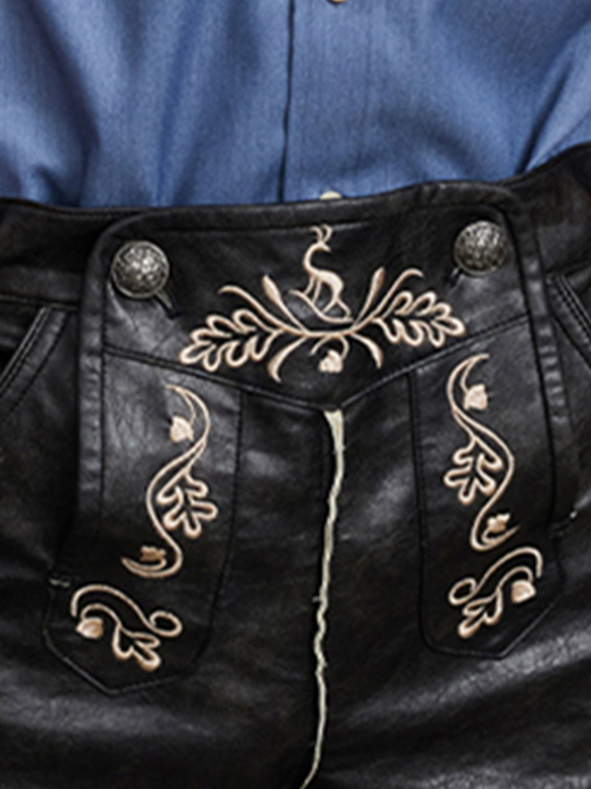 Modernes schwarzes Dirndl mit Lederhosen-Elementen